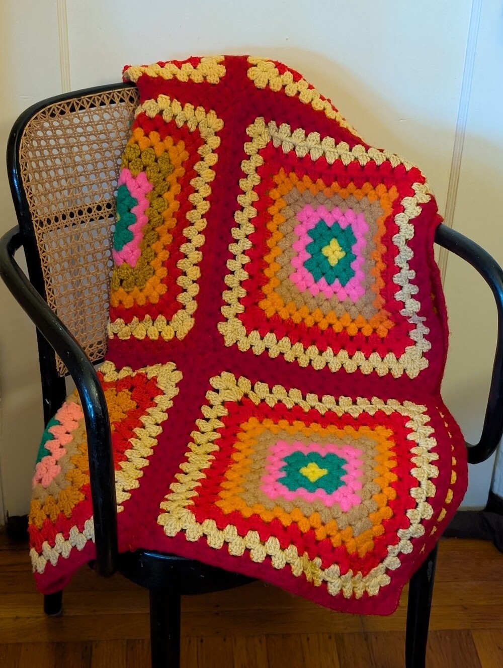 Vintage Handmade Granny Square Afghan crochet blanket with vibrant colors